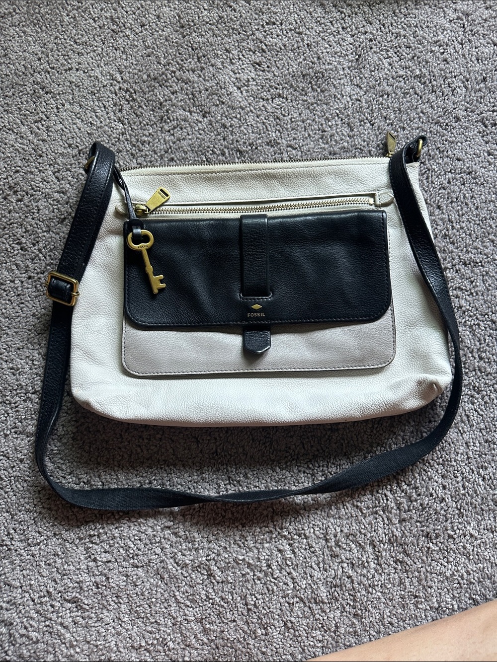 Fossil Black and Cream Two-Tone Leather Crossbody with Key Charm
